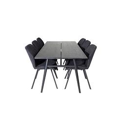 Foto van Sleek eethoek eetkamertafel uitschuifbare tafel lengte cm 195 / 280 zwart en 6 gemma eetkamerstal zwart.