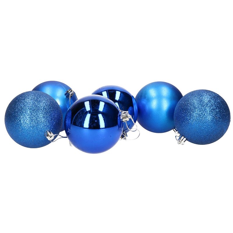 Foto van 6x stuks kerstballen blauw mix van mat/glans/glitter kunststof 8 cm - kerstbal