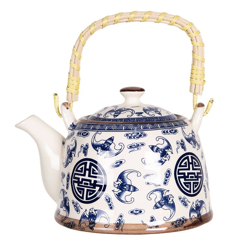 Foto van Haes deco - chinese theepot - porselein - blauw chinees teken - theepot 800 ml - traditioneel theeservies, theekan