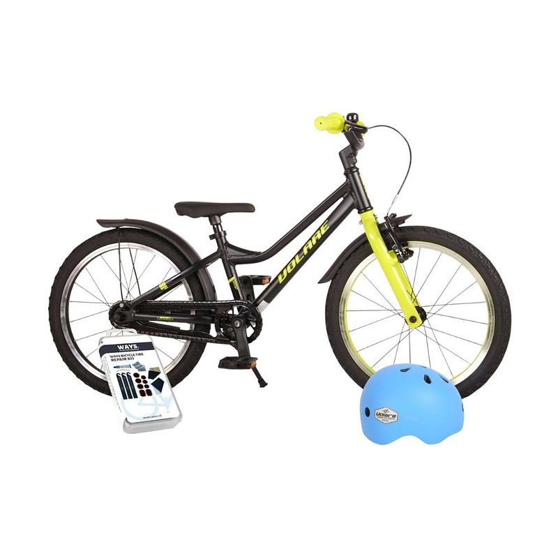 Foto van Volare kinderfiets blaster - 18 inch - zwart/geel - inclusief fietshelm & accessoires