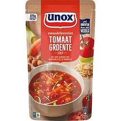 Foto van 2 zakken soep a 570 ml, pakken cupasoup a 3 stuks of single verpakkingen noodles of pasta | unox smaakfavoriet soep in zak tomaat groente 570ml aanbieding bij jumbo