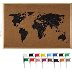 Foto van Prikbord wereldkaart met 20x punaise vlaggetjes gekleurd - 60 x 40 cm - kurk - prikborden