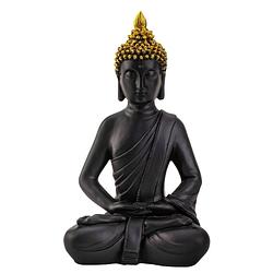 Foto van Boeddha beeldje zittend - binnen/buiten - kunststeen - zwart/goud - 30 x 17 cm - beeldjes