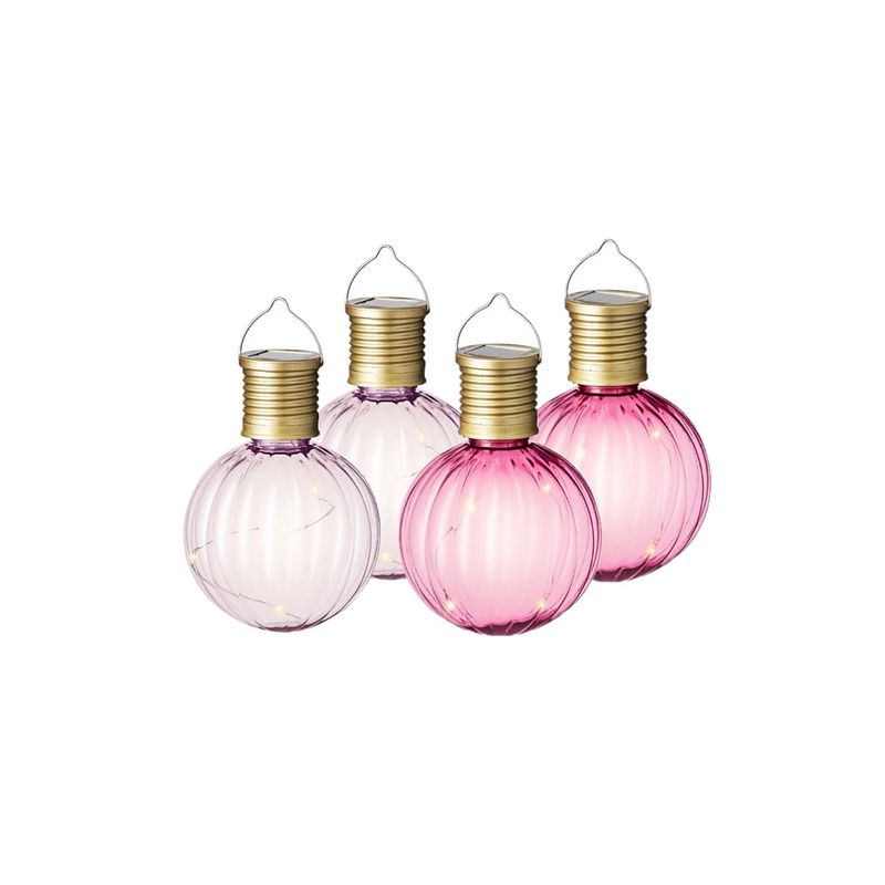 Foto van Set van 4x stuks buiten led lichtroze en roze lampion solar verlichting 11 cm - lampionnen