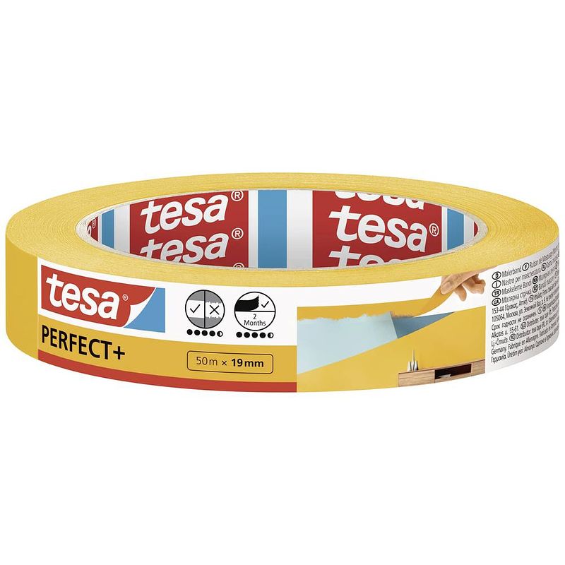 Foto van Tesa perfect+ 56536-00000-00 afplakband geel (l x b) 50 m x 19 mm 1 stuk(s)