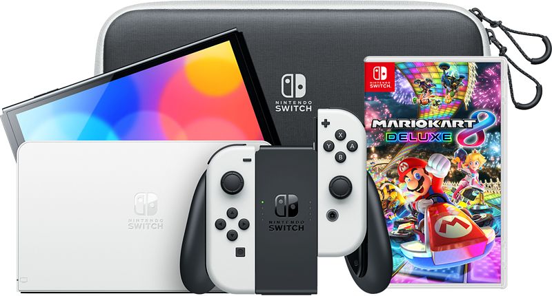 Foto van Nintendo switch oled wit onderweg pakket met game