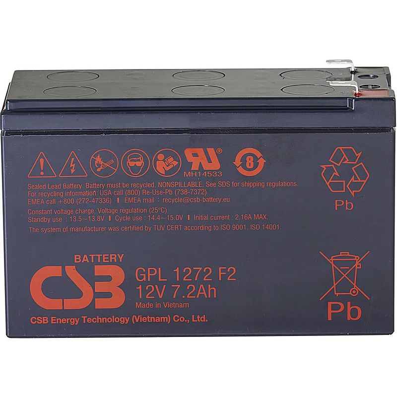 Foto van Csb battery gpl 1272 loodaccu 12 v 7.2 ah loodvlies (agm) (b x h x d) 151 x 98 x 65 mm kabelschoen 6.35 mm onderhoudsvrij, geringe zelfontlading