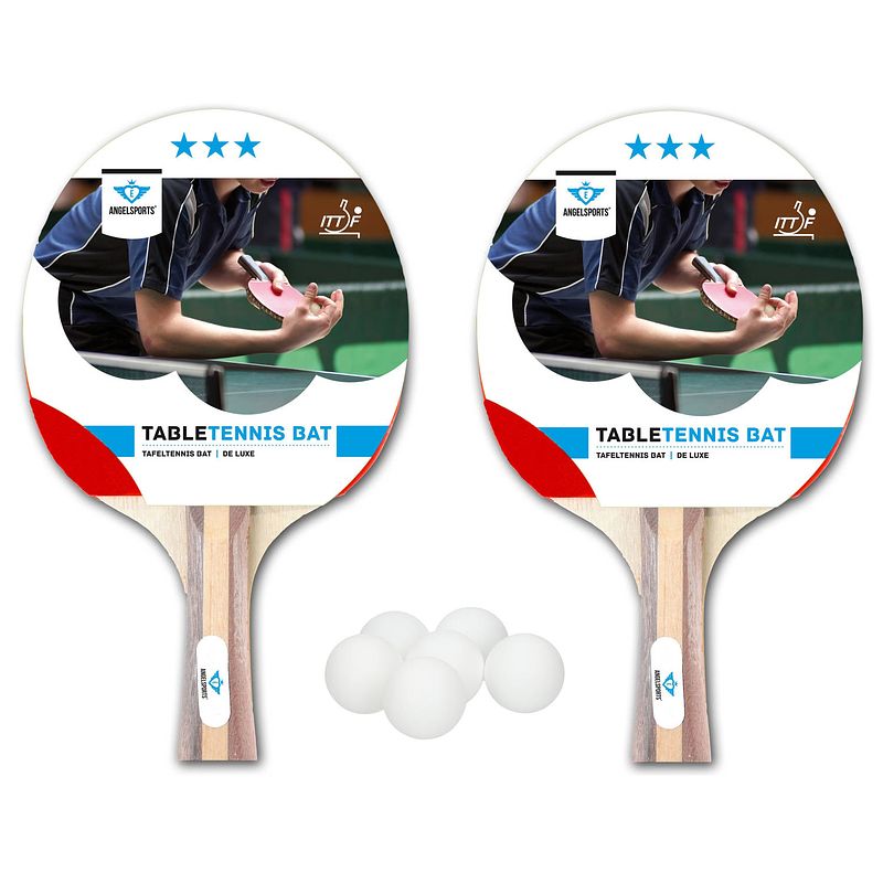 Foto van Set van 2x tafeltennis batjes 3 sterren + 12x tafeltennis/ping pong balletjes wit 4 cm - tafeltennisbats