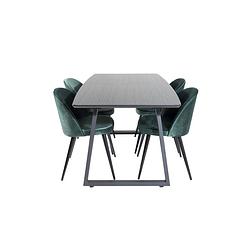 Foto van Incablbl eethoek eetkamertafel udtræksbord længde cm 160 / 200 zwart en 4 velvet eetkamerstal velours groente, zwart.