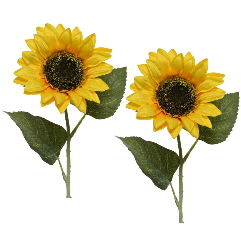 Foto van 2x gele kunst zonnebloemen kunstbloemen 64 cm decoratie - kunstbloemen