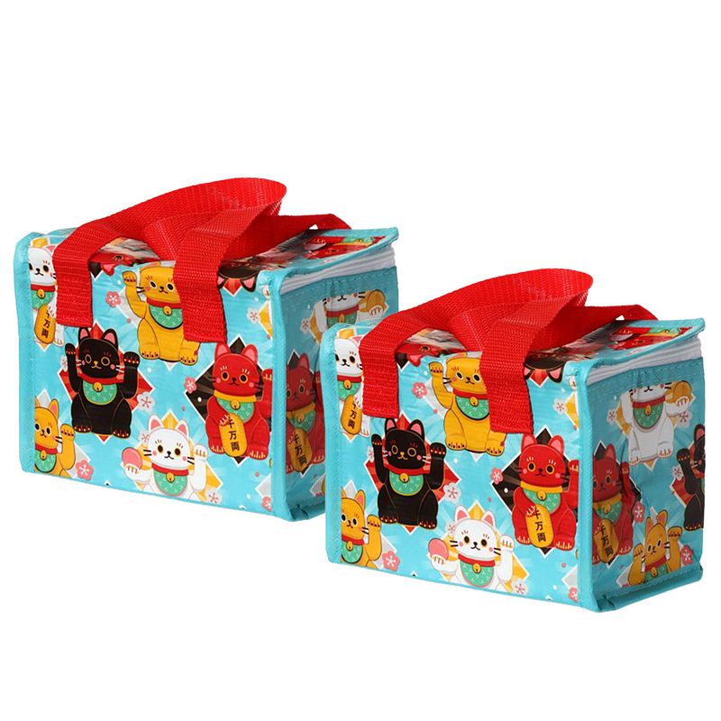 Foto van 2x stuks kleine lunch koeltas - gelukskat print - 21 x 15 x 14 - 4,4 liter - koeltas