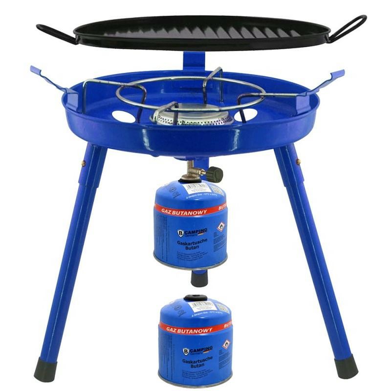 Foto van Camping gasgrill/grillplaat 3-in-1 blauw incl. 2x gas navulling schroefventiel 500 gram - kookbranders