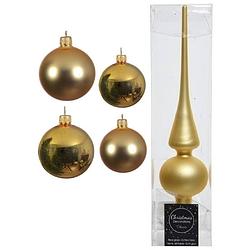 Foto van Glazen kerstballen pakket goud glans/mat 38x stuks 4 en 6 cm met piek mat - kerstbal