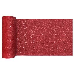 Foto van Kerst thema tafelloper op rol - rood glitter - smal 18 x 500 cm - polyester - tafellakens