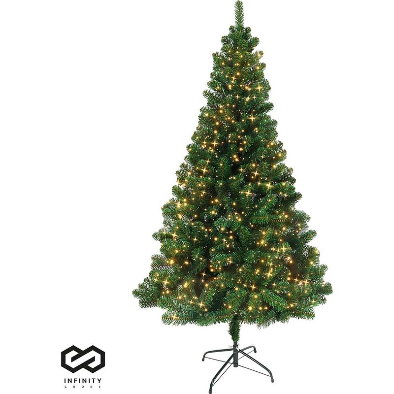 Foto van Infinity goods kunstkerstboom met led verlichting - 210 cm - realistische kunststof kerstboom - metalen standaard -