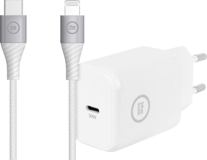 Foto van Bluebuilt power delivery oplader usb c 30w wit + lightning kabel 1,5m nylon wit