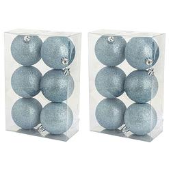 Foto van 12x stuks kunststof glitter kerstballen ijsblauw 8 cm - kerstbal