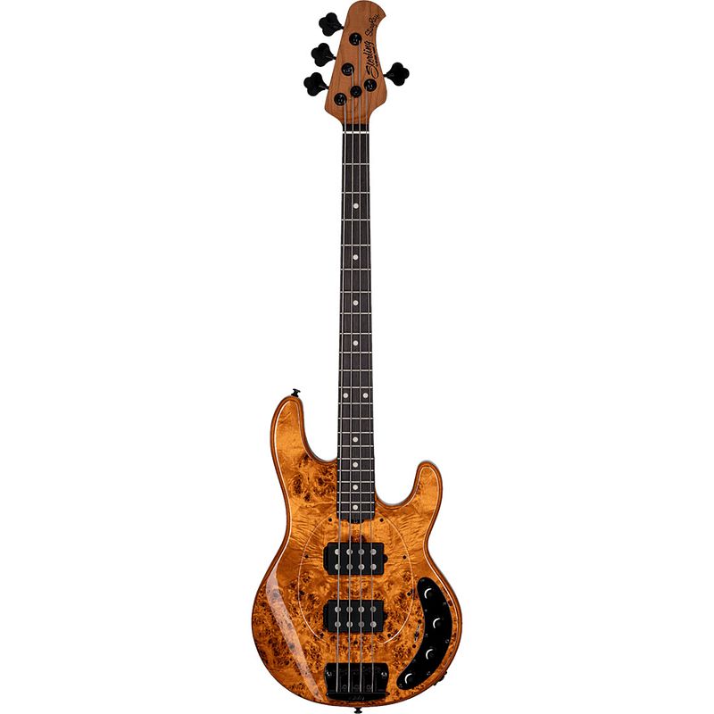 Foto van Sterling by music man stingray ray34 hh poplar burl amber elektrische basgitaar met deluxe gigbag