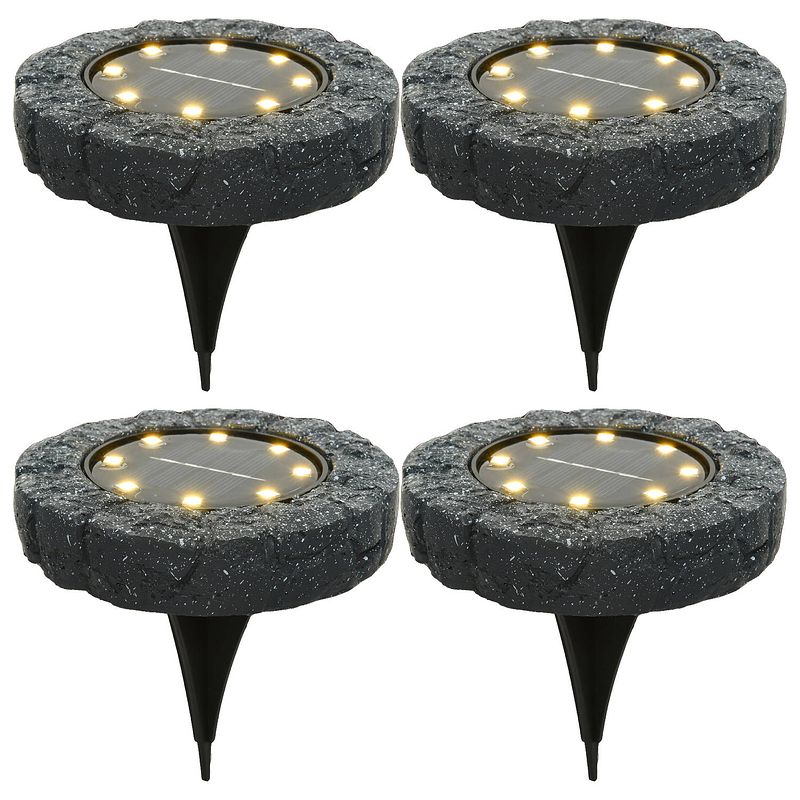 Foto van 4x solar prikspots/tuinspots led - kunststeen - steengrijs - 11 x 2 cm - prikspotjes