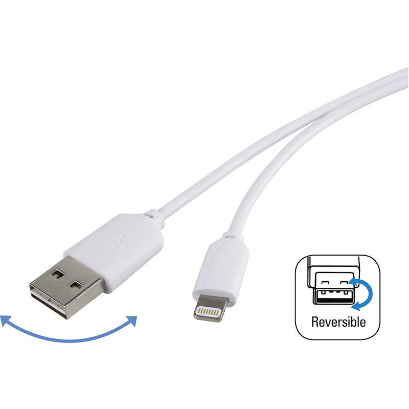 Foto van Renkforce usb-kabel usb 2.0 usb-a stekker, apple lightning stekker 1.00 m wit stekker past op beide manieren, vergulde steekcontacten rf-4087419