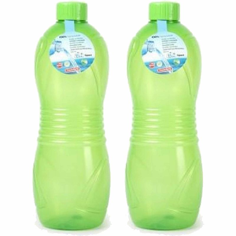 Foto van Plasticforte drinkfles/waterfles/bidon - 2x - 1000 ml - transparant/groen - kunststof - drinkflessen