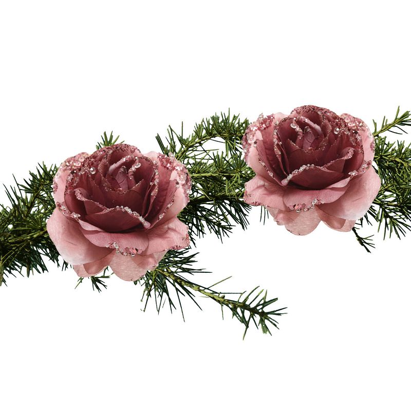 Foto van 2x stuks kerstboom bloemen op clip oud roze 14 cm - kunstbloemen