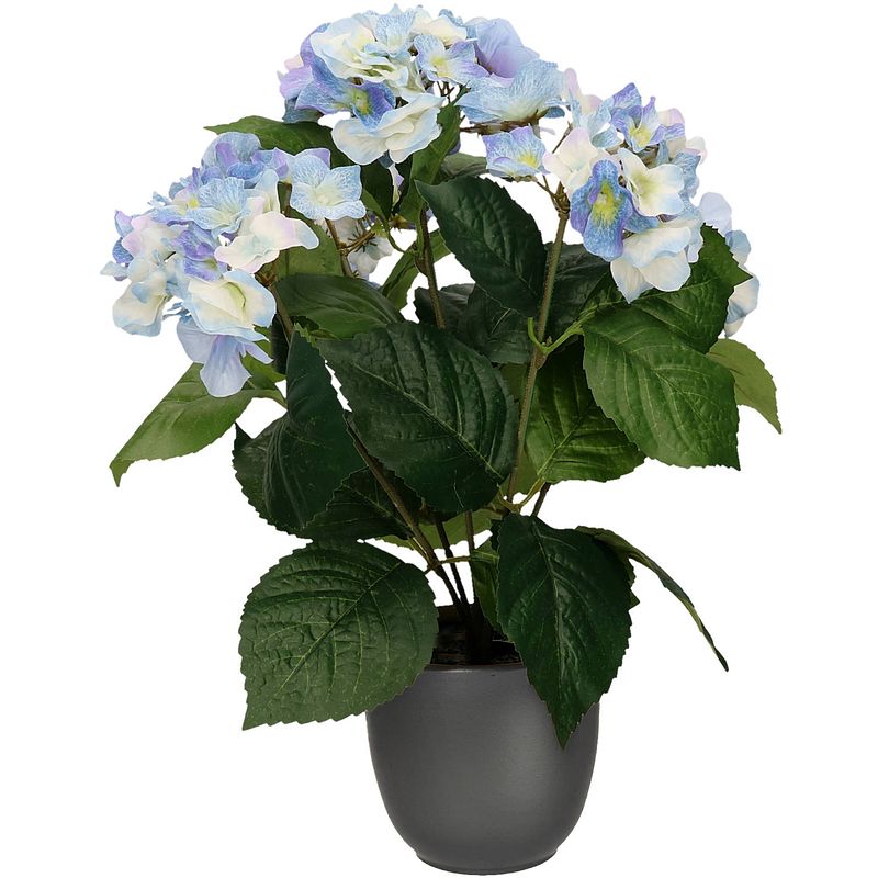 Foto van Hortensia kunstplant/kunstbloemen 40 cm - blauw - in pot mat zwart - kunstplanten