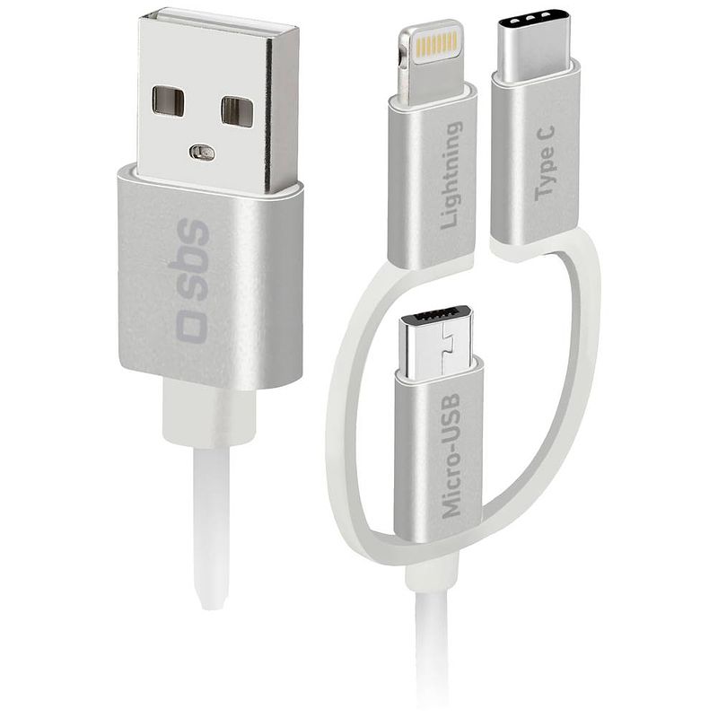 Foto van Sbs mobile usb-c-kabel usb 2.0 usb-c, apple lightning stekker, usb-mini-a bus 1.20 m wit tecableusbip53189w