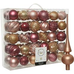 Foto van Kunststof kerstballen 60x stuks 6-7 cm met glazen matte piek roze en bruin - kerstbal