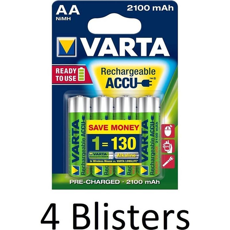 Foto van 16 stuks (4 blisters a 4 st) varta oplaadbare batterijen aa 2100 mah