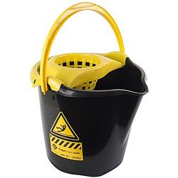 Foto van 1x huishoudemmers met dweil houder 13,5 liter zwart/geel caution 32 x 30 cm - emmers