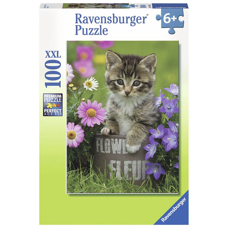 Foto van Ravensburger puzzel kat tussen de bloemen - 100 stukjes