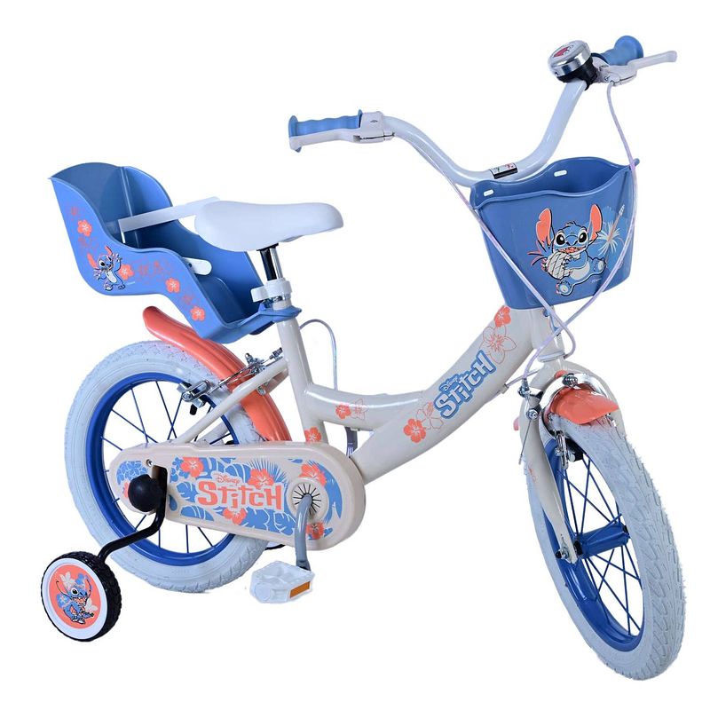 Foto van Disney stitch kinderfiets - meisjes - 14 inch - creme koraal blauw - twee handremmen