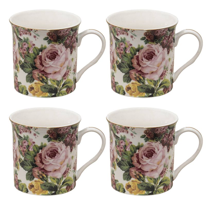 Foto van Haes deco - mokken set van 4 - 12x8x9 cm / 330 ml - met bloemen - pink flowers