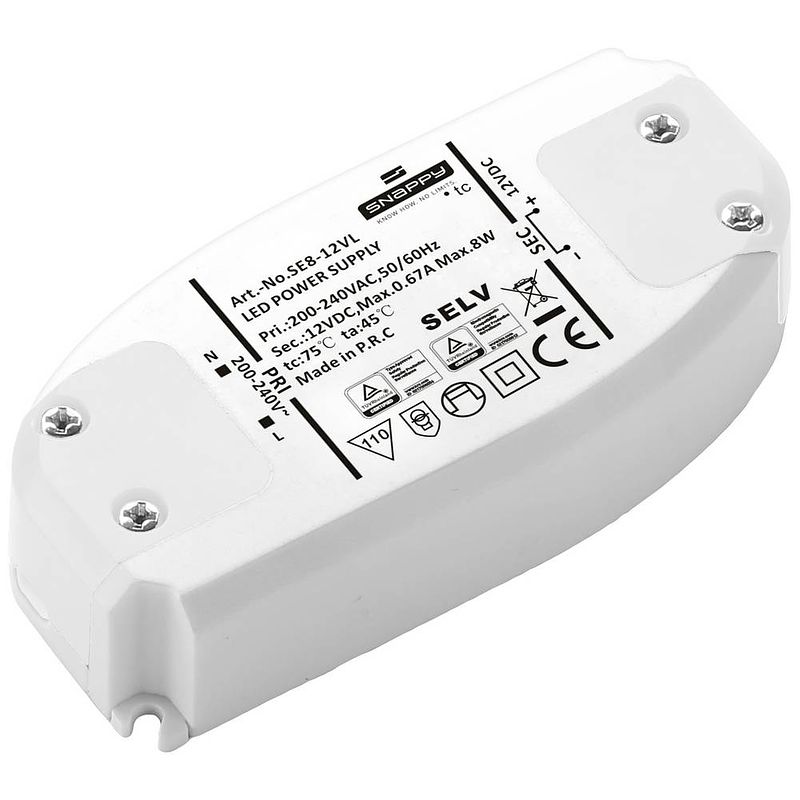 Foto van Dehner elektronik se 8-12vl led-transformator constante spanning 8 w 0.67 a 12 v/dc geschikt voor meubels, overbelastingsbescherming, overspanning