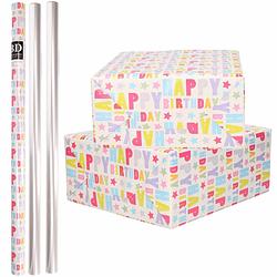 Foto van 4x rollen kraft inpakpapier happy birthday pakket - transparante folie 200 x 70 cm - cadeaupapier