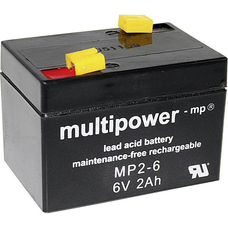 Foto van Multipower mp2-6 loodaccu 6 v 2 ah loodvlies (agm) (b x h x d) 75 x 53 x 51 mm kabelschoen 4.8 mm onderhoudsvrij, geringe zelfontlading