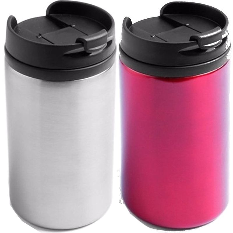 Foto van Set van 2x stuks warmhoudbekers/warm houd bekers metallic rood en grijs 320 ml - thermosbeker