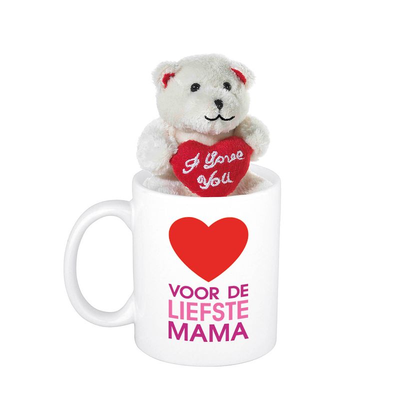 Foto van Moederdag cadeau voor de liefste mama + hartje beker / mok 300 ml met beige knuffelbeertje met love - feest mokken