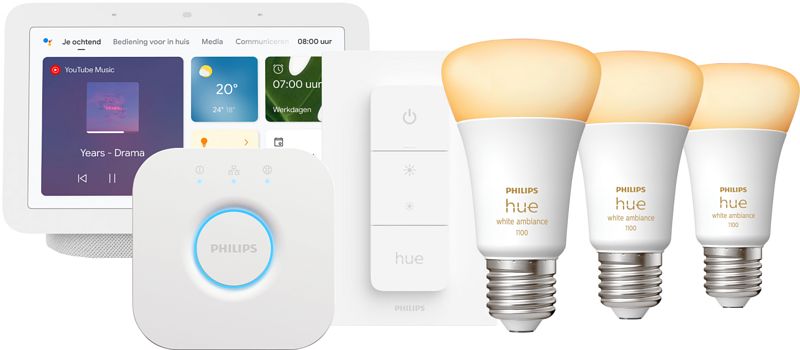 Foto van Philips hue white ambiance starter pack e27 3-pack + dimmer + bridge + google nest hub 2