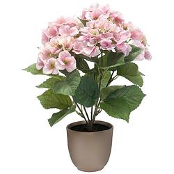 Foto van Hortensia kunstplant/kunstbloemen 40 cm - roze - in pot taupe mat - kunstplanten