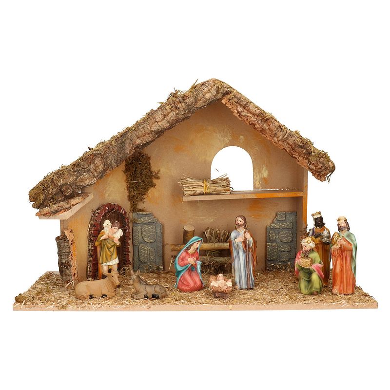 Foto van Complete kerststal met 9x st kerststal beelden - 50 x 23 x 31 cm - kerststallen