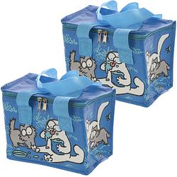 Foto van Set van 2x stuks kleine koeltassen voor lunch blauw met katten print 16 x 21 x 14 cm 4,7 liter - koeltas