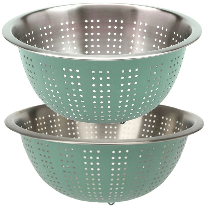 Foto van Rvs keuken vergiet/zeef - set met 2 formaten - mintgroen - diameter 24 en 27 cm - vergieten