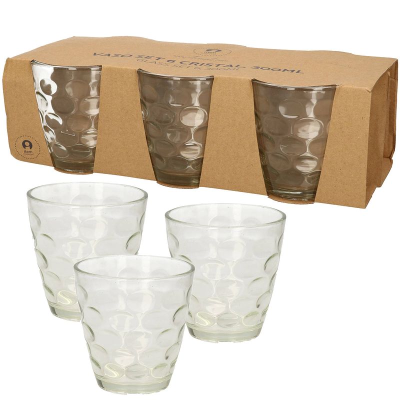 Foto van 12x stuks transparante waterglazen/drinkglazen cirkels relief 300 ml van glas - drinkglazen