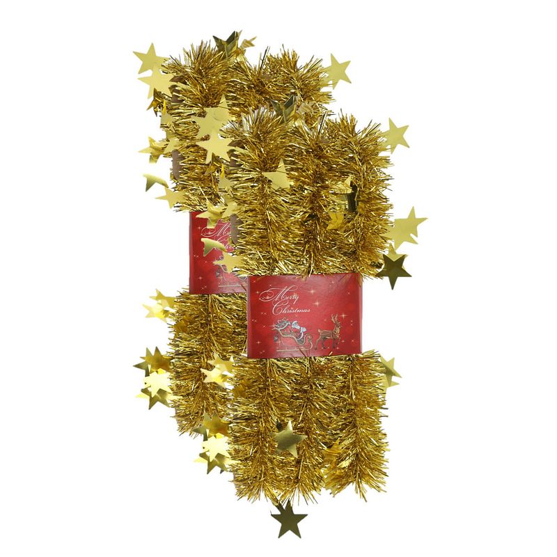 Foto van 2x stuks lametta kerstslingers met sterretjes goud 200 x 6,5 cm - kerstslingers