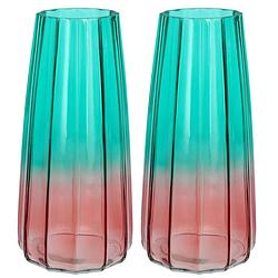 Foto van Bloemenvaas - set van 2x - blauw/roze - transparant glas - d10 x h21 cm - vazen