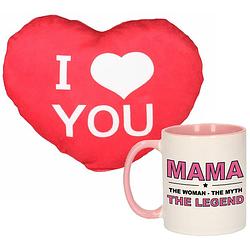 Foto van Mama the legend mok/beker 300 ml roze incl. sierkussentje hart vorm 12 cm - feest mokken