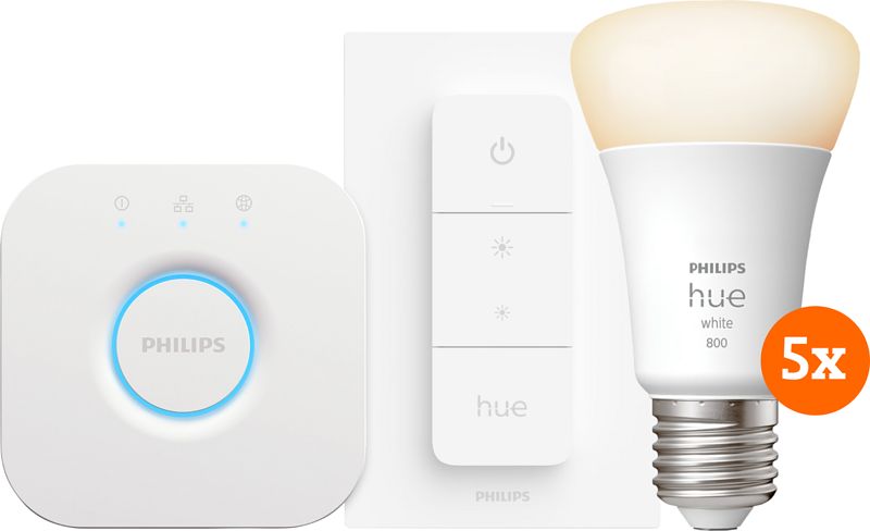 Foto van Philips hue white starter pack e27 met 5 lampen, dimmer + bridge