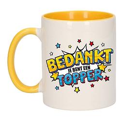 Foto van Bedankt topper cadeau mok / beker wit en geel 300 ml - feest mokken